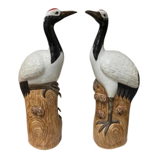 Pair of Vintage Asian Glazed Ceramic Red-Crowned Crane Statues For Sale