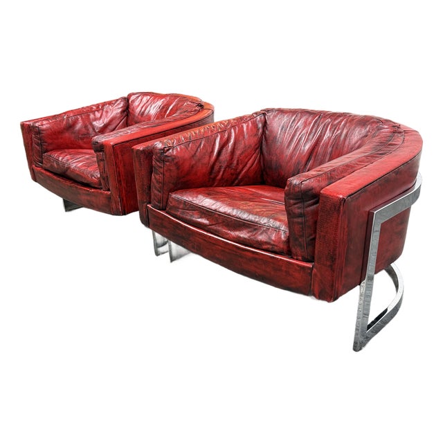 Jules Heumann for Metropolitan Barrel Leather 1970's Lounge Chairs, Pair For Sale