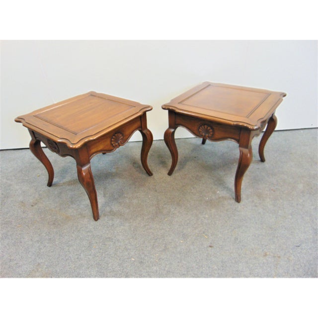 Hekman Furniture French Style low side tables, could also be used as stools. Fruitwood with shell carved design on each side.