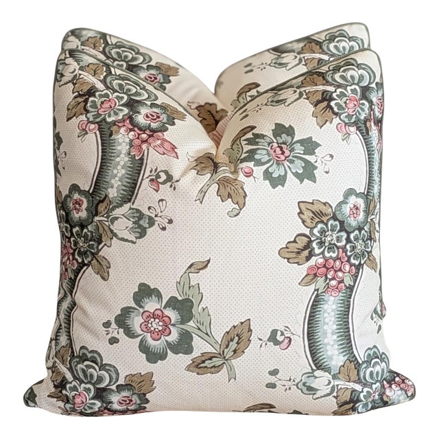 Lee Jofa Benday Floral Pillows in Green & Rose With Fermoie Pink Striped Backs For Sale