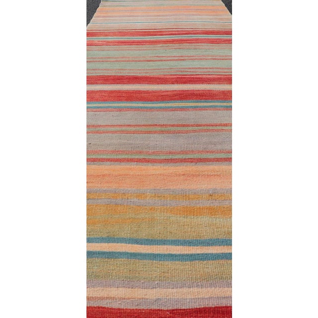 Vintage Turkish Kilim Runner with Stripes in Red, Green, Yellow, and Multi Color. Keivan Woven Arts / rug EN-1119, country...