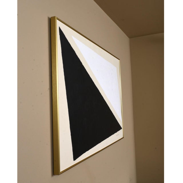 Black and white geometric colorfield painting signed Figuerdo, and dated 1988. The composition is built around two...