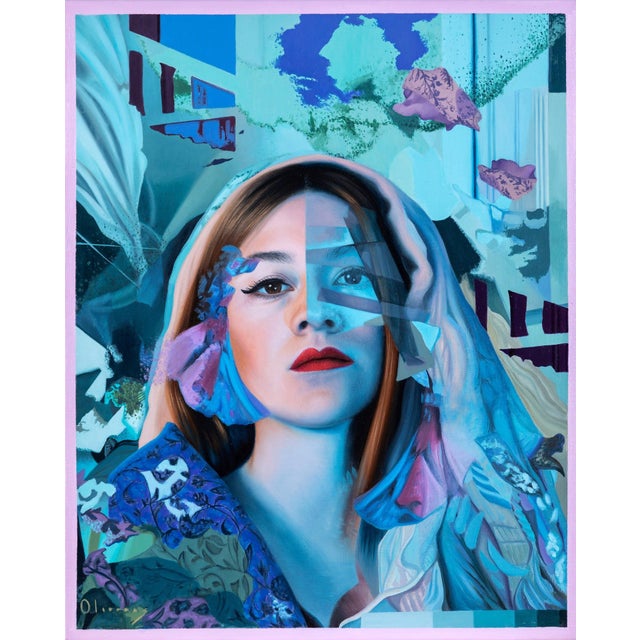 Quiéreme, querida by Jessica Oliveras | Oil on linen Portrait of a woman with a colorful background For Sale