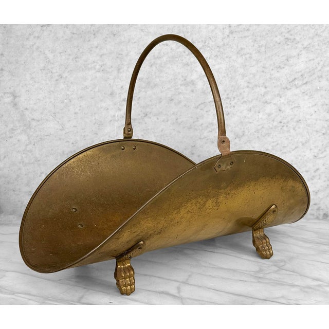 Traditional Vintage English Regency Brass Lions Paw Fireplace Firewood Log Holder For Sale - Image 3 of 10