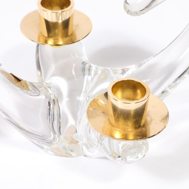 Metal Pair of Mid-Century Amorphic Crystal & Brass 4 Arm Candelabras Signed Schneider For Sale - Image 7 of 11