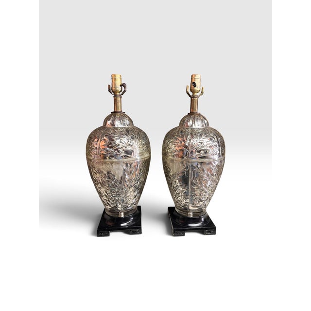 Vintage Silvered Glass Botanical Table Lamps on Chinoiserie Bases - a Pair For Sale - Image 4 of 7