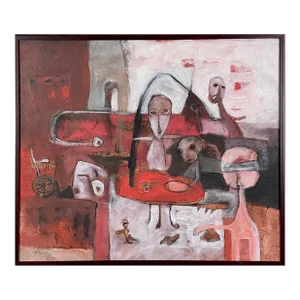 Outsider Primitivist “Kelvarga” Mixed-Media on Canvas by Ngurah Aryana, Signed