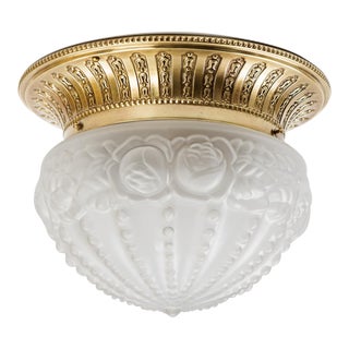 Vintage 1960s Brass Flush Mount Ceiling Fixture With Frosted Roses and Leaves Fluted Motif Glass Globe Shade For Sale
