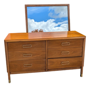Drexel Cascade Mid Century Modern Walnut Finish 6 Drawer Dresser W/ Original Mirror