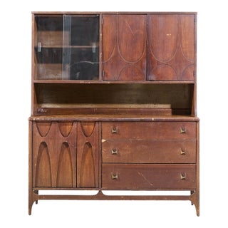 Broyhill Brasilia Mid Century Walnut and Brass Offset Credenza and Hutch For Sale