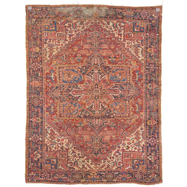 1920s Heriz 1920s Antique Persian Rug W/ Large Geometric Medallion - 11'3" X 8'4" For Sale - Image 5 of 7