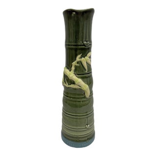 Vintage Late 20th Century Majolica Green & Blue Ceramic Bamboo Tree Vase For Sale