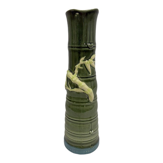 Vintage Late 20th Century Majolica Green & Blue Ceramic Bamboo Tree Vase For Sale