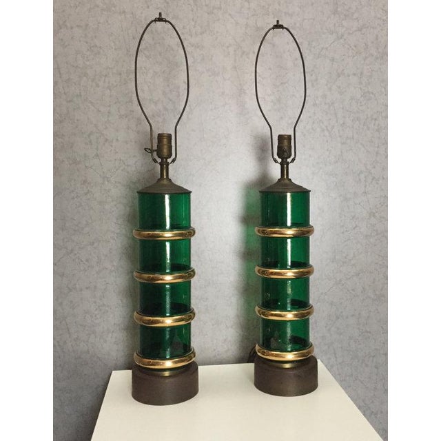 Mid Century Emerald Green Glass & Gold Ring Table Lamps ...