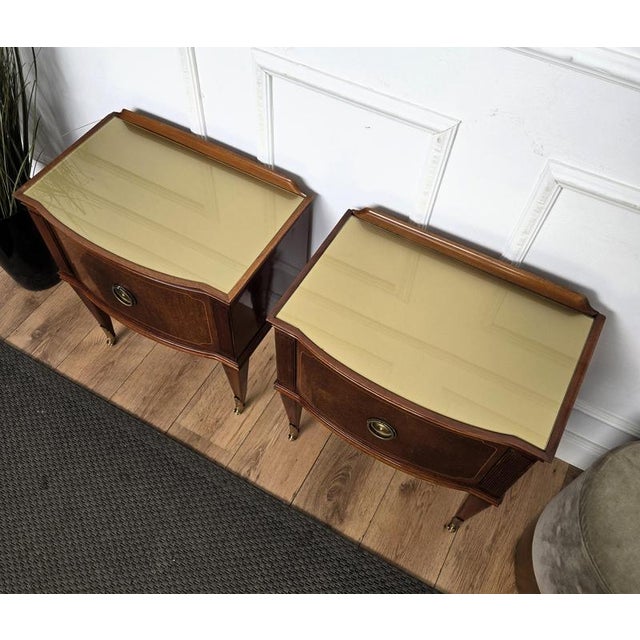 Metal Mid-Century Italian Art Deco Style Nightstands in Walnut with Glass Tops, 1950s, Set of 2 For Sale - Image 7 of 11