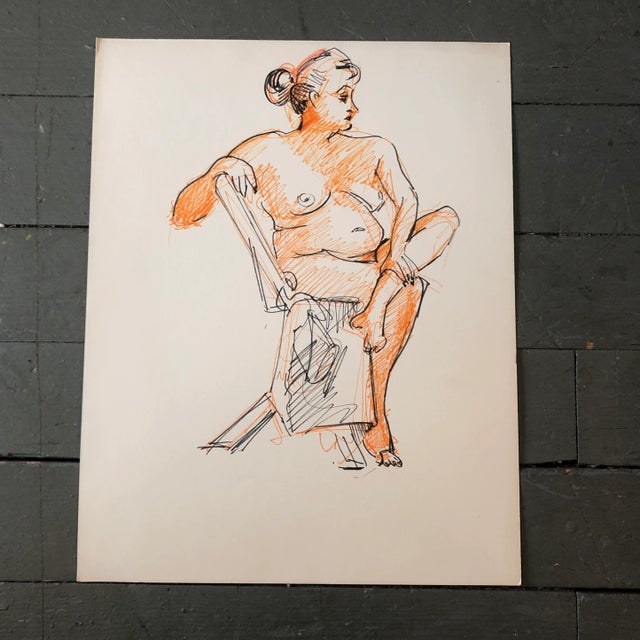 Original Female Nude Orange & Black Ink Study Drawing For Sale - Image 4 of 4