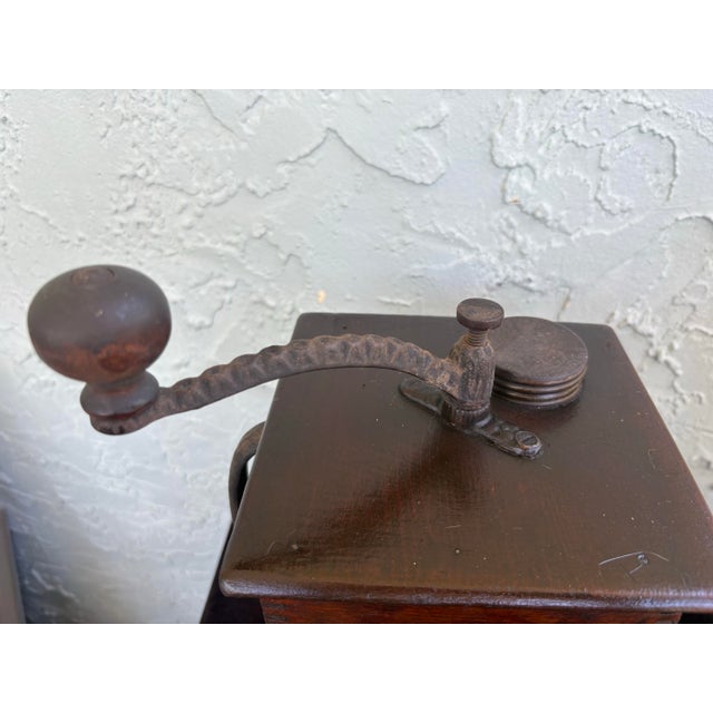 Wood Antique Primitive Wooden Box Coffee Grinder With Iron Crank For Sale - Image 7 of 11