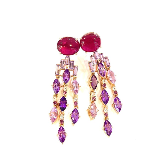 Traditional Bochic "Capri" Red Ruby & Purple Amethyst Earrings Set in 18k Gold & Silver For Sale - Image 3 of 18
