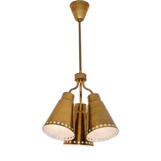 Vintage Three-Arm Brass Pendant Light with Perforated Shades by Einar Backström, Sweden, 1950s For Sale