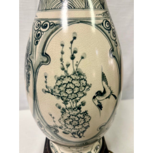 Stunning Vintage Chinoiserie Blue and White Ginger Jar Style Table Lamp With Cream Shade For Sale - Image 6 of 11