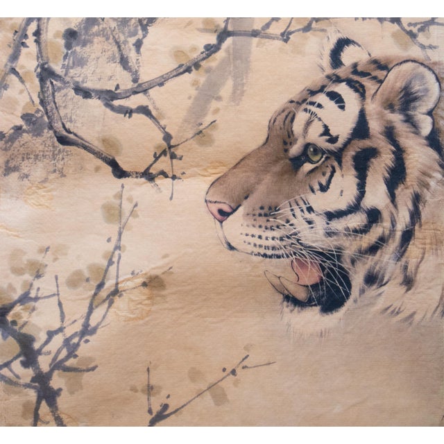 Fine Antique or Vintage Chinese Watercolor Scroll Painting of Tiger on His Daily Walk For Sale - Image 10 of 18