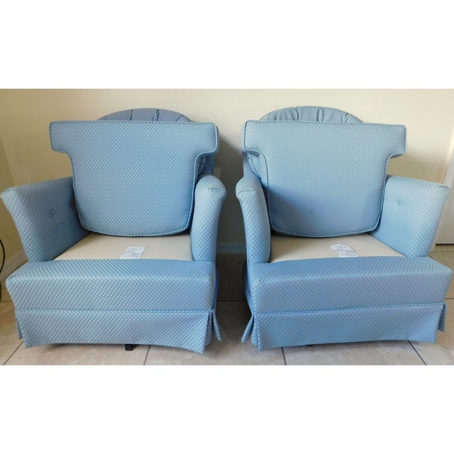 Pair Blue Tufted Upholstered Swivel Rocker Lounge Chairs Usa For Sale - Image 12 of 14