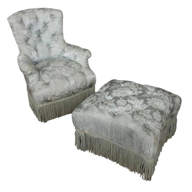 French 19th Century Tufted Armchair and Ottoman For Sale