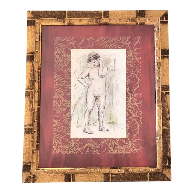 Original Female Nude Vintage Ink & Colored Pencil Drawing 1950’s For Sale