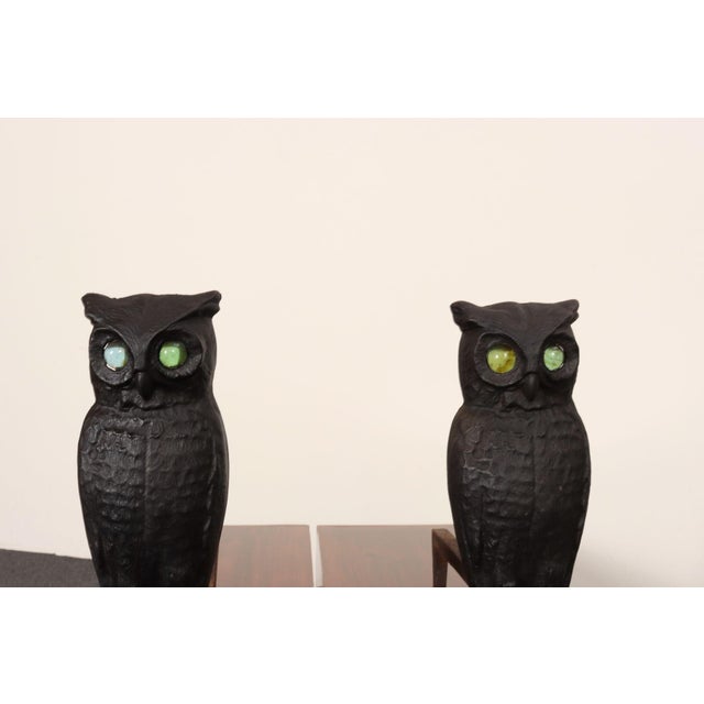 Vintage Cast Iron Perched Owl Andirons With Blue Green Glass Eyes For Sale - Image 11 of 18