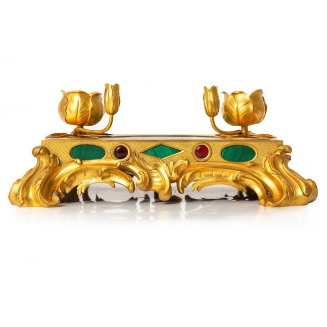 19th Century Exquisite Rococo Gilt-Bronze Malachite Encrier Inkwell Desk Set Ca. 1880 For Sale - Image 5 of 12