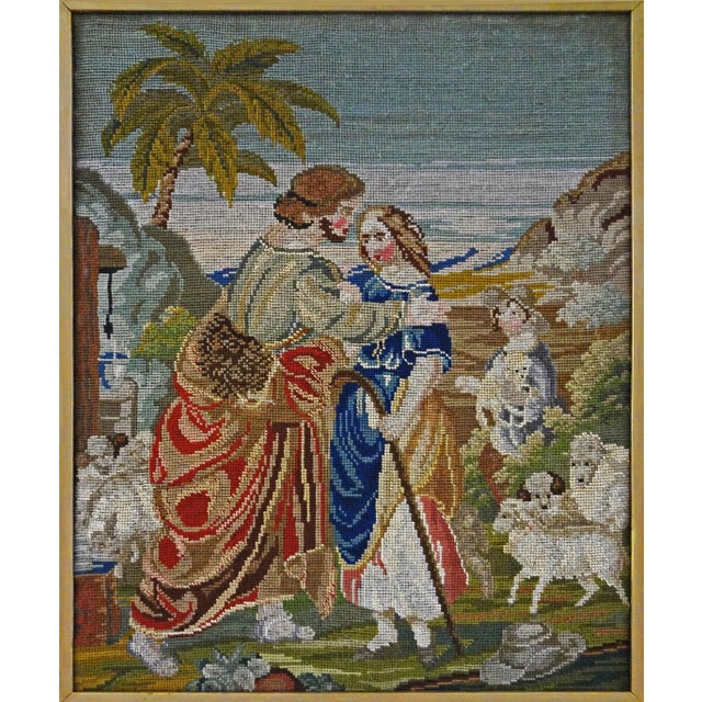 This charming pair of antique English woolwork pictures features finely embroidered biblical scenes, beautifully framed...