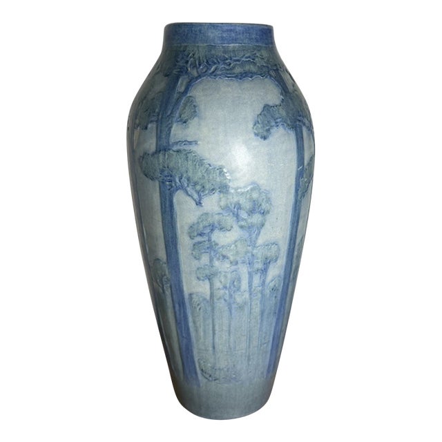 Rare 1919 Sadie Irvine for Newcomb College Pottery "Moon & Pine Trees" Matte Glaze Vase For Sale