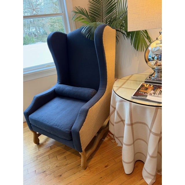 Wingback Chair in Navy Blue Linen and Tan by Restoration Hardware For Sale - Image 12 of 18