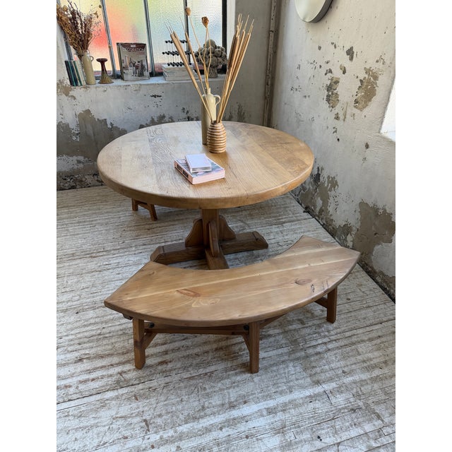 Vintage Round Oak Table and Benches, 1950s, Set of 3 For Sale - Image 15 of 18