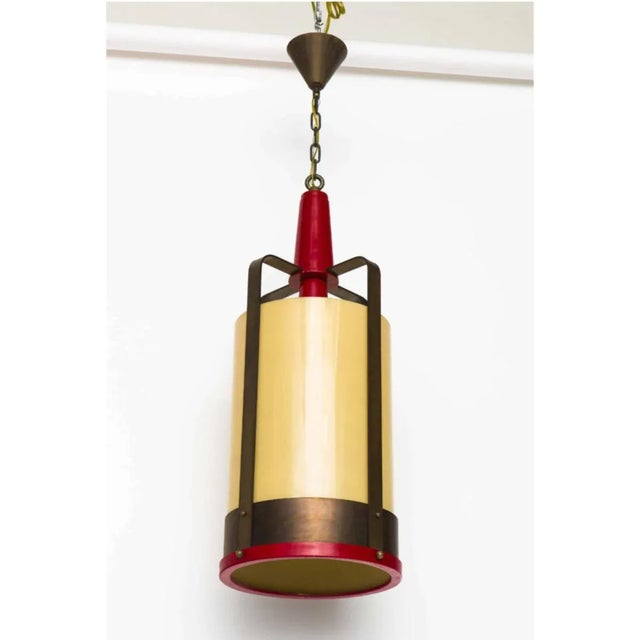 Mid-Century Modern Vintage Industrial Lantern Style Pendant With Amber Glass Shade For Sale - Image 3 of 6