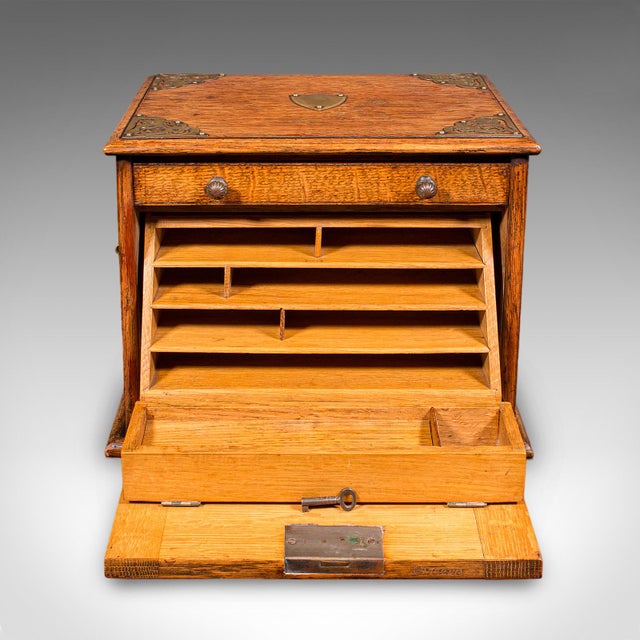 1900 - 1909 Antique Stationery Box, English, Golden Oak, Fall Front Desk Tidy, Edwardian For Sale - Image 5 of 12