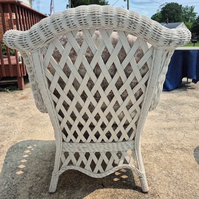 White Late 20th Century Vintage White Wicker Large Wingback Lounge Chair W/ Toile Cushions For Sale - Image 8 of 15