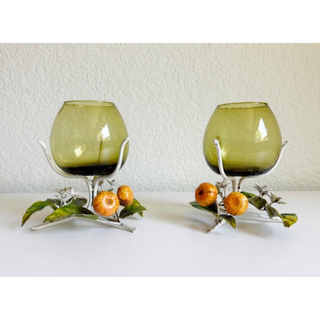 1950s Italian Toleware Hurricane Candle Holders With Citrus Accents For Sale - Image 11 of 12