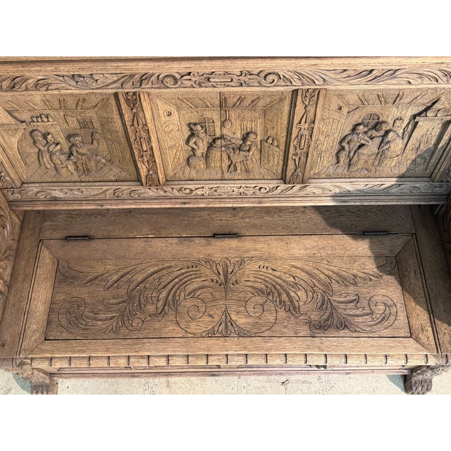 Antique French Carved Oak Bench with Tavern Scene, 1850 For Sale - Image 17 of 18