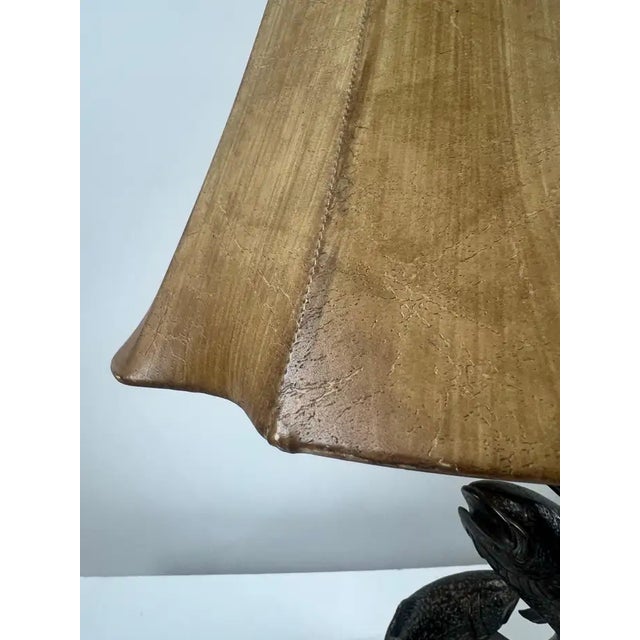 1980s Rustic Style Flying Trout Table Lamp With Bronzed Base and Faux Leather Shade For Sale - Image 5 of 18