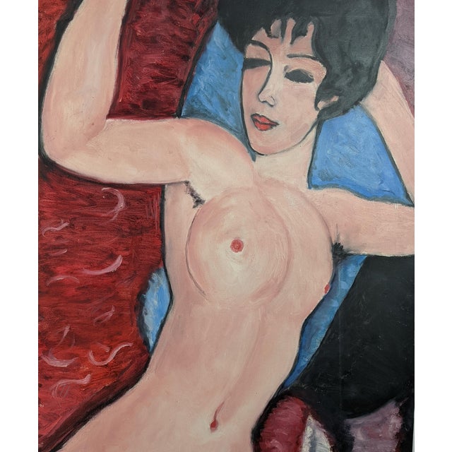 A striking original mid-20th century modernist oil painting depicting a reclining female nude rendered with bold,...