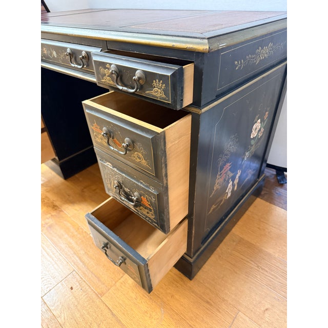 Chinoiserie Ebonized Hand Painted Kneehole Leather Top Desk For Sale - Image 12 of 12