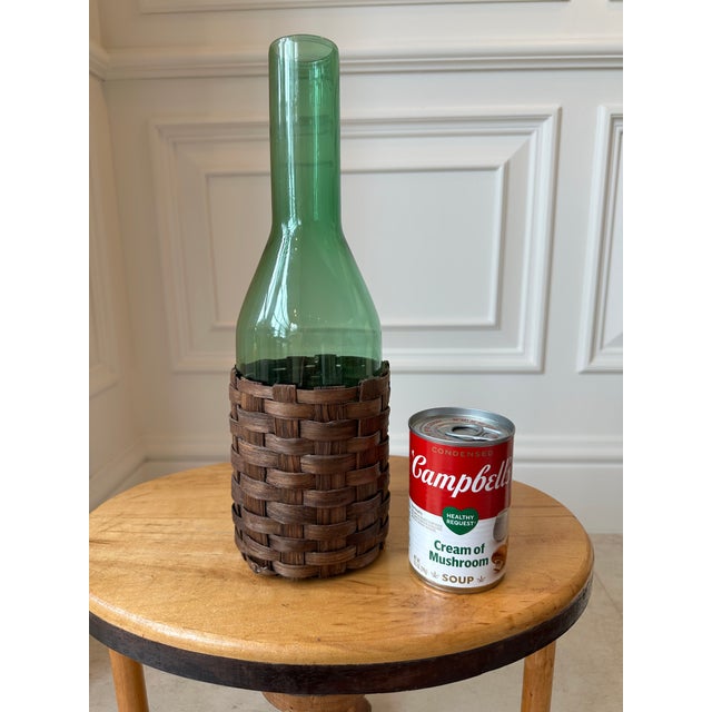 Fantastic Large 13.5” Mid-Century Italian Emerald Green Glass Carafe with Fitted Woven Sleeve. Beautiful shade of hand...