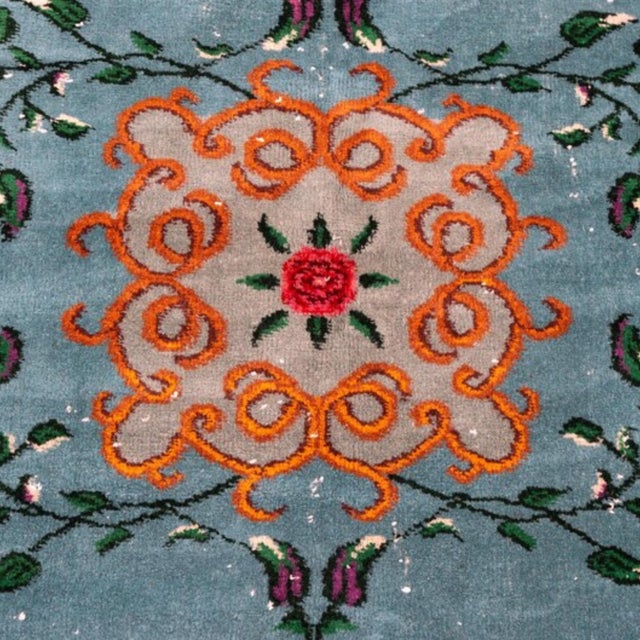 Textile Vintage 1960s Turkish Sparta Savonnerie Rug, Teal Blue & Emerald Green With Roses – 6'8" X 9'9" For Sale - Image 7 of 12