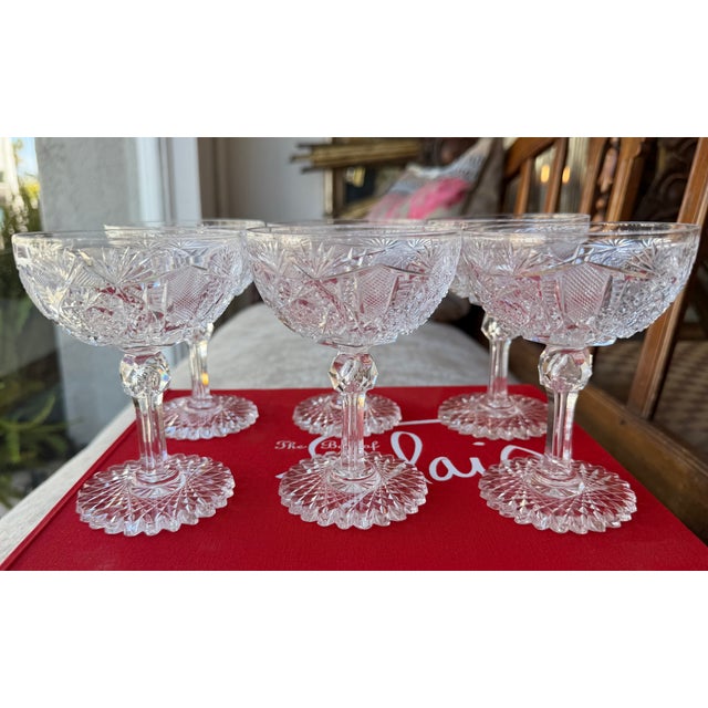 Glass Set of 6 Antique American Brilliant Cut Glass Crystal Champagne Coup Wine Stems For Sale - Image 7 of 7