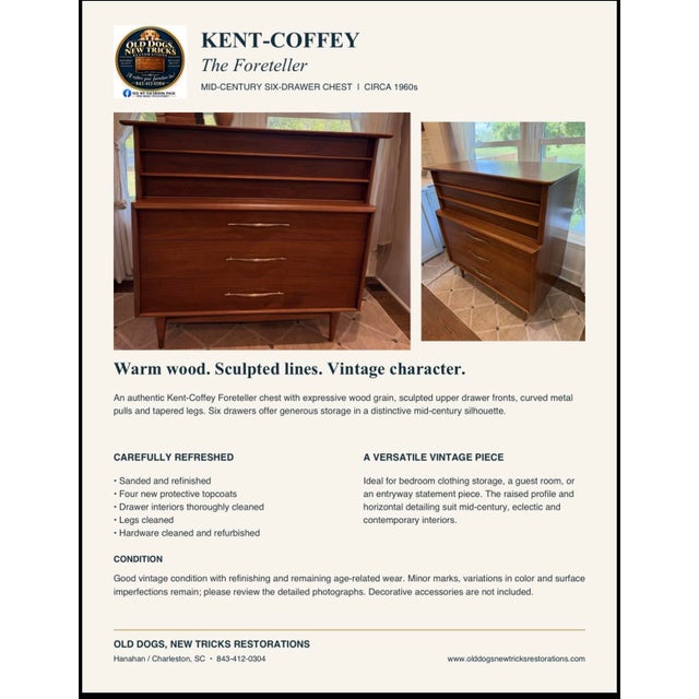 1960s Kent-Coffey Foreteller Mid-Century Modern Six-Drawer Highboy Dresser, Refinished For Sale - Image 12 of 12