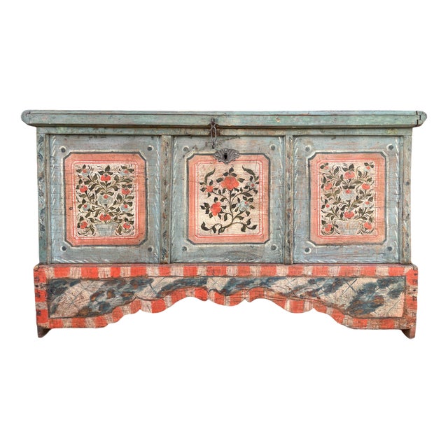 Early 19th Century Light Blue Floral Painted Blanket Chest For Sale