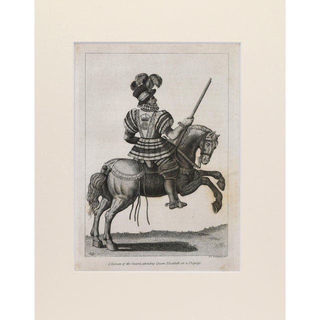 19th Century engraving of a mounted Dragoon on horseback in a suit of armour. Copper Plate engraving published 1801,...