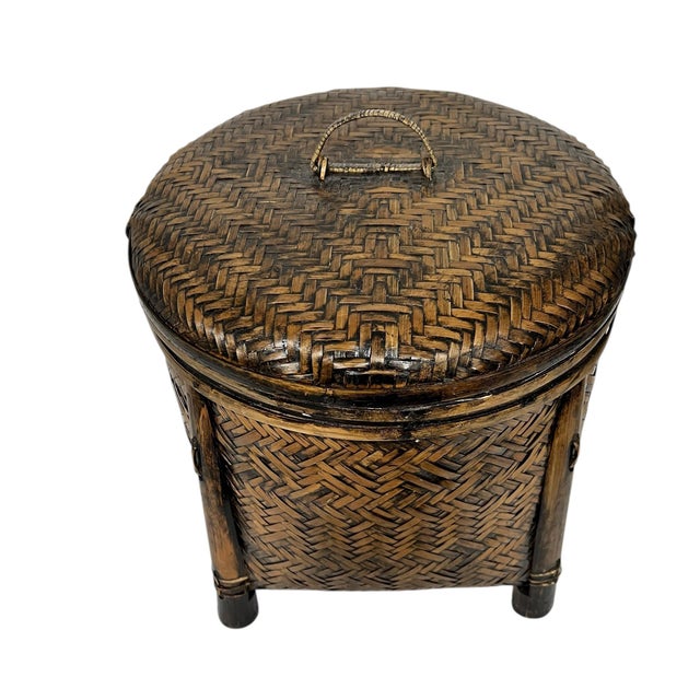 Chinoiserie Vintage Bamboo and Woven Rattan Storage Basket For Sale - Image 3 of 8
