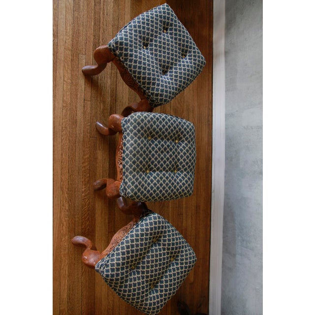 Set of 3 Antique Hand Carved Solid Walnut Stools With Perfect Upholstery For Sale - Image 13 of 13